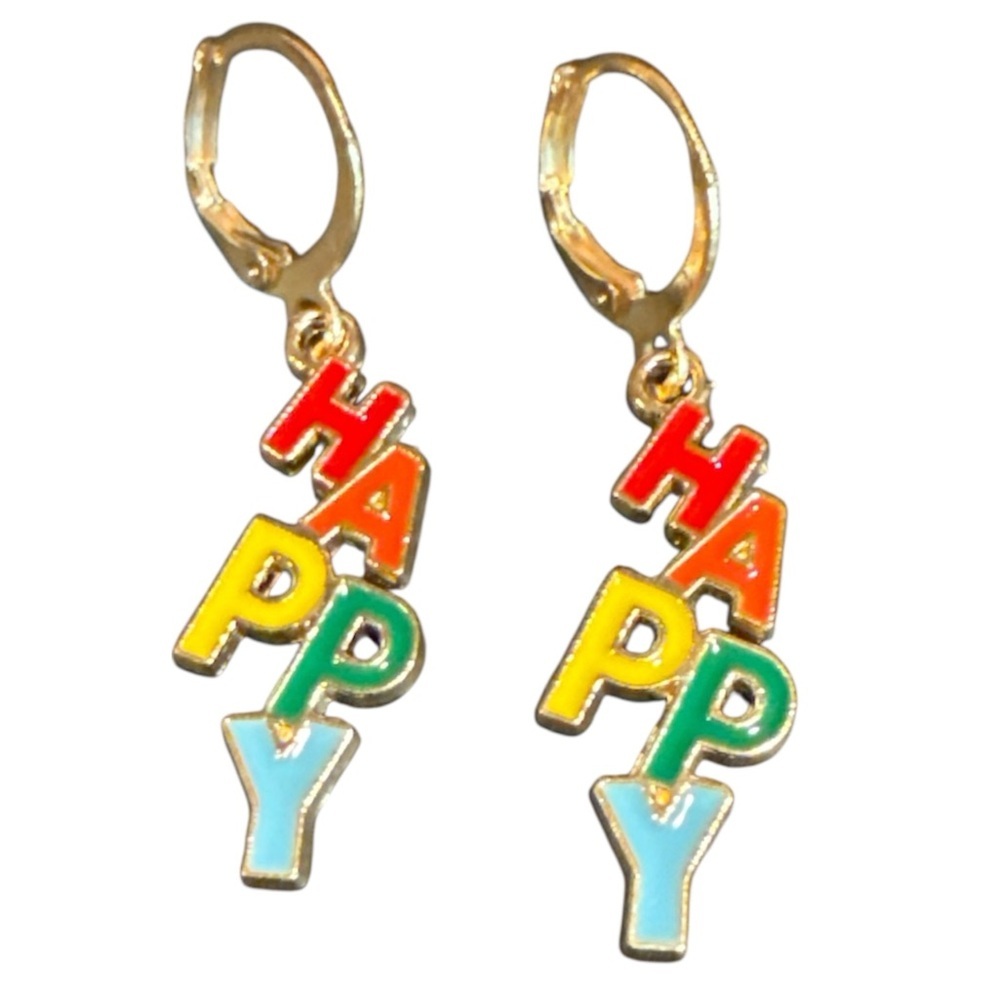 NEW Rainbow Enamel HAPPY Word Dangle Earrings Gold‎ Tone Lever Back Maximalist
